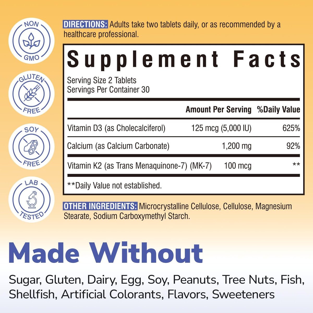 Vitalibre D3 K2 Calcium Supplement für Frauen und Männer, Vitamin D3 5000 IE, Calcium 1200 mg, MK-7, Hohe Absorption, für starke Knochen, Zähne, Herz und Immunsystem, 60 Tabletten