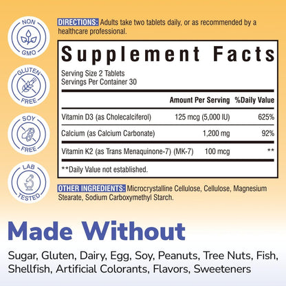 Vitalibre D3 K2 Calcium Supplement für Frauen und Männer, Vitamin D3 5000 IE, Calcium 1200 mg, MK-7, Hohe Absorption, für starke Knochen, Zähne, Herz und Immunsystem, 60 Tabletten