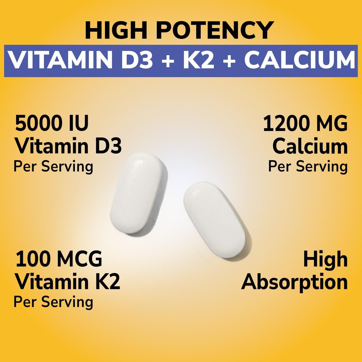 Vitalibre D3 K2 Calcium Supplement für Frauen und Männer, Vitamin D3 5000 IE, Calcium 1200 mg, MK-7, Hohe Absorption, für starke Knochen, Zähne, Herz und Immunsystem, 60 Tabletten