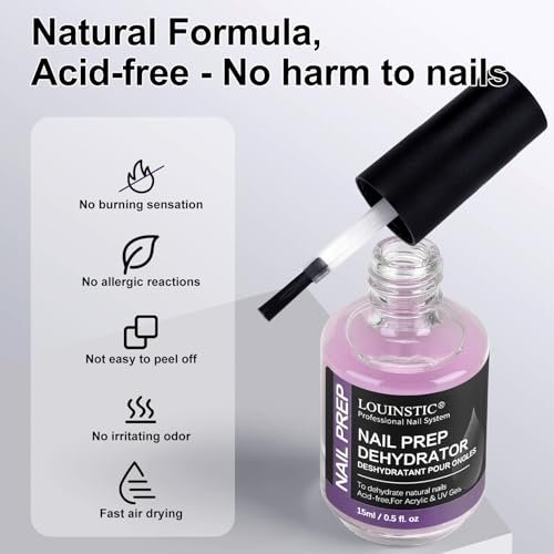 LOUINSTIC Säurefreier Nageldehydrator 15ml – Schnelltrocknende Nagelvorbereitung für Acryl, UV-Gel & Gellack. Hema-freier Dehydrator Base Coat, kein Brennen, geruchsarm. Für Salon & DIY
