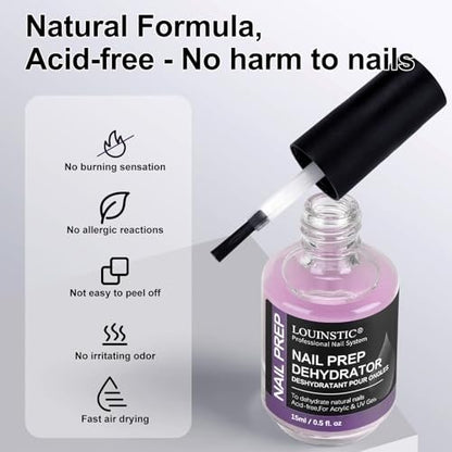 LOUINSTIC Säurefreier Nageldehydrator 15ml – Schnelltrocknende Nagelvorbereitung für Acryl, UV-Gel & Gellack. Hema-freier Dehydrator Base Coat, kein Brennen, geruchsarm. Für Salon & DIY