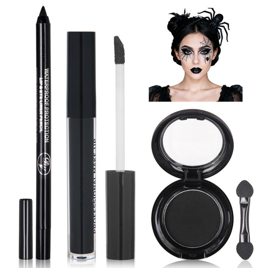 Schwarze Lidschattenpalette, flüssiger Lippenstift und Eyeliner-Set mit Mini-Pinsel, Smokey Eye Shadow, schwarzer Lipgloss und Lip Liner, wischfest und langanhaltend, ideal für Halloween, Cosplay, Goth und Hexen-Make-up