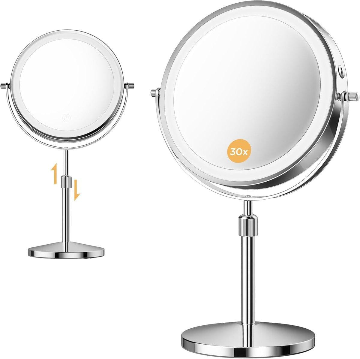 tubbede Makeup-Spiegel, 1X/30X Vergrößerung mit 3-stufigem LED-Licht, 5000 mAh wiederaufladbar, doppelseitiger 9-Zoll-Vergrößerungsspiegel mit 360° Drehung, perfekt für präzises Styling und Make-up, Geschenk für Frauen