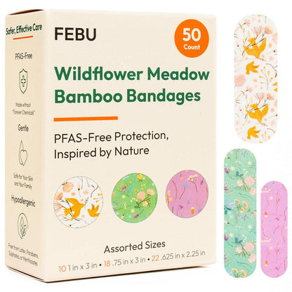 FEBU Wildflower Print Bamboo-Faser Pflaster | PFAS-freie flexible Stoffpflaster | Natürliche hypoallergene Wundpflaster für Schürfwunden, Schnitte & Erste Hilfe | Kompostierbar, Latexfrei | 50 Stück Streifen