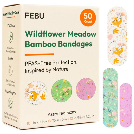 FEBU Wildflower Print Bamboo-Faser Pflaster | PFAS-freie flexible Stoffpflaster | Natürliche hypoallergene Wundpflaster für Schürfwunden, Schnitte & Erste Hilfe | Kompostierbar, Latexfrei | 50 Stück Streifen
