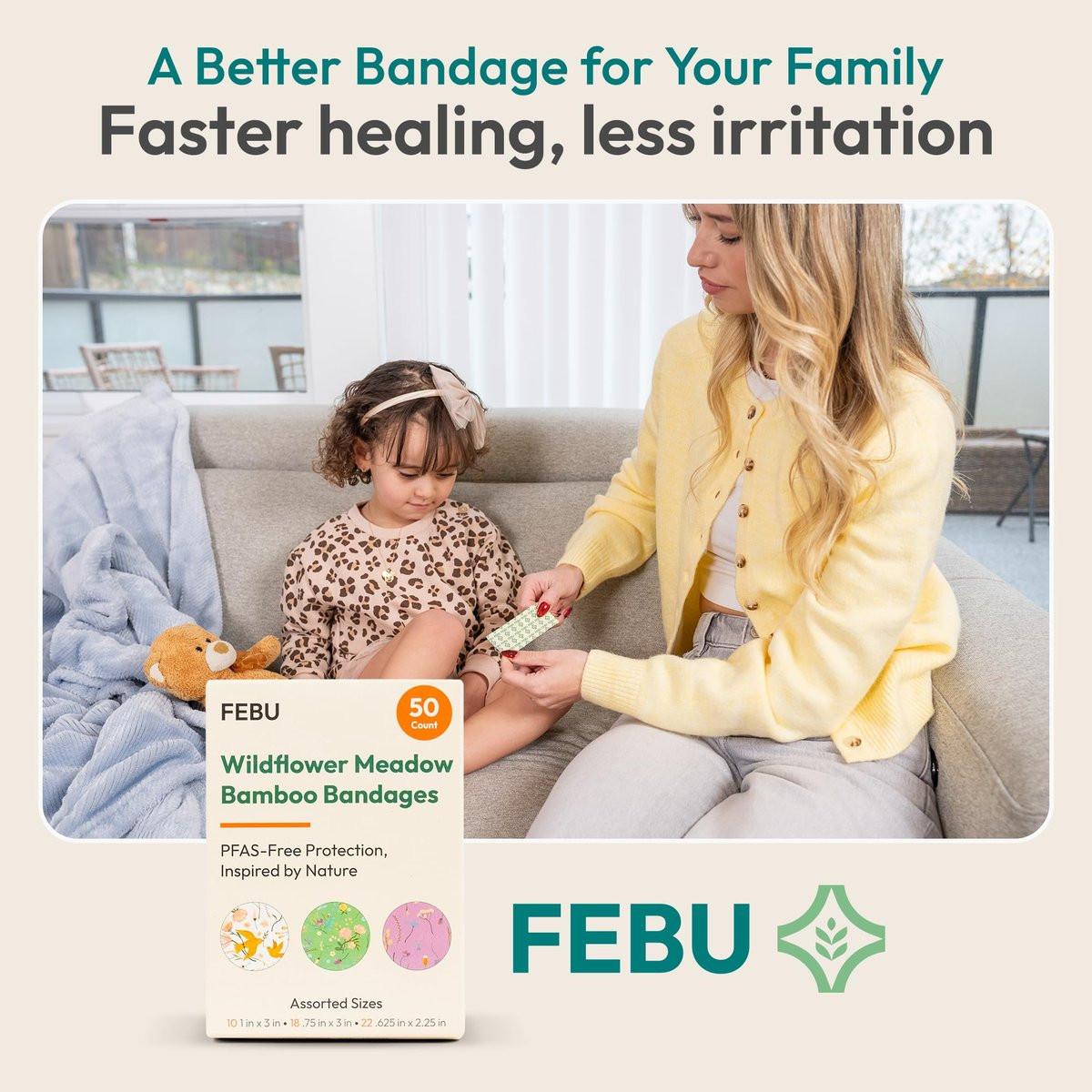 FEBU Wildflower Print Bamboo-Faser Pflaster | PFAS-freie flexible Stoffpflaster | Natürliche hypoallergene Wundpflaster für Schürfwunden, Schnitte & Erste Hilfe | Kompostierbar, Latexfrei | 50 Stück Streifen