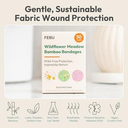 FEBU Wildflower Print Bamboo-Faser Pflaster | PFAS-freie flexible Stoffpflaster | Natürliche hypoallergene Wundpflaster für Schürfwunden, Schnitte & Erste Hilfe | Kompostierbar, Latexfrei | 50 Stück Streifen