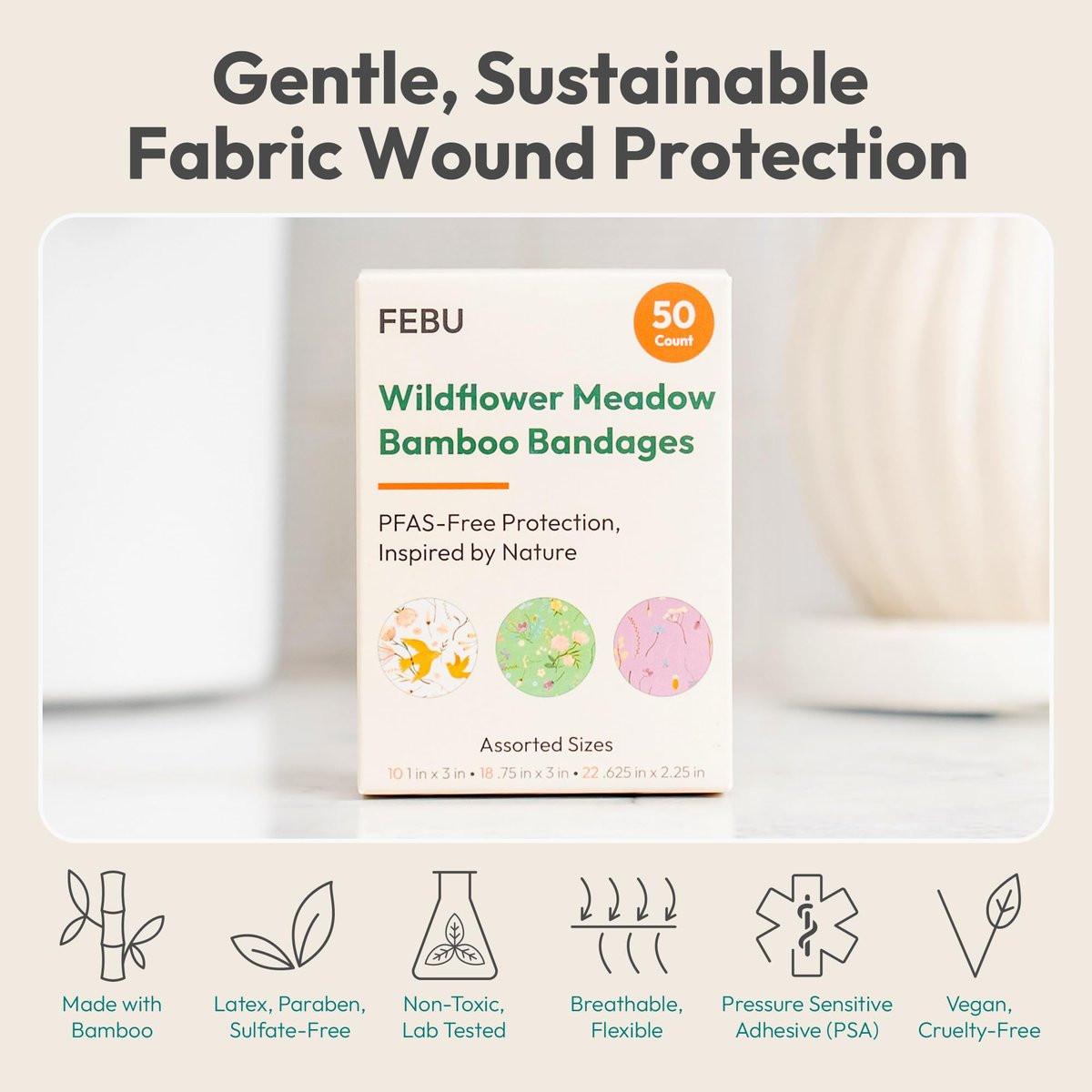 FEBU Wildflower Print Bamboo-Faser Pflaster | PFAS-freie flexible Stoffpflaster | Natürliche hypoallergene Wundpflaster für Schürfwunden, Schnitte & Erste Hilfe | Kompostierbar, Latexfrei | 50 Stück Streifen