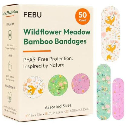 FEBU Wildflower Print Bamboo-Faser Pflaster | PFAS-freie flexible Stoffpflaster | Natürliche hypoallergene Wundpflaster für Schürfwunden, Schnitte & Erste Hilfe | Kompostierbar, Latexfrei | 50 Stück Streifen