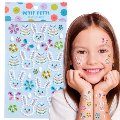 xo, Fetti Oster-Gem-Set für Kinder – 32 Aufkleber | Ostern, Basteln, Eier, Hase, Schmetterling, Pastell, Juwelen, Sticker, Gesicht, Körper, Korb