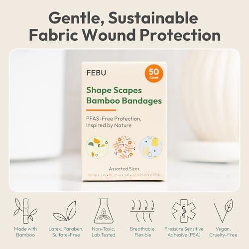 FEBU Shape Scapes Print Bamboo-Faser Pflaster | PFAS-freie flexible Stoffpflaster | Hypoallergene Naturpflaster für Schürfwunden, Schnitte & Erste Hilfe | Kompostierbar, Latexfrei | 50 Stück Streifen