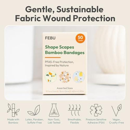 FEBU Shape Scapes Print Bamboo-Faser Pflaster | PFAS-freie flexible Stoffpflaster | Hypoallergene Naturpflaster für Schürfwunden, Schnitte & Erste Hilfe | Kompostierbar, Latexfrei | 50 Stück Streifen