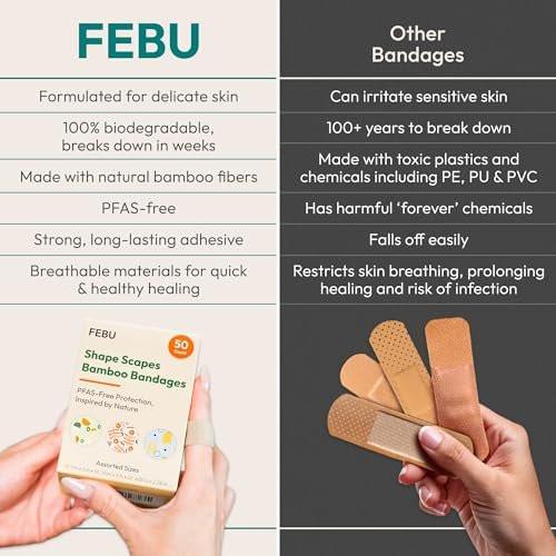FEBU Shape Scapes Print Bamboo-Faser Pflaster | PFAS-freie flexible Stoffpflaster | Hypoallergene Naturpflaster für Schürfwunden, Schnitte & Erste Hilfe | Kompostierbar, Latexfrei | 50 Stück Streifen