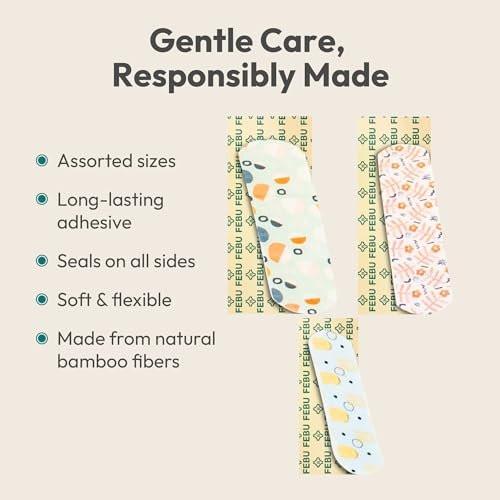 FEBU Shape Scapes Print Bamboo-Faser Pflaster | PFAS-freie flexible Stoffpflaster | Hypoallergene Naturpflaster für Schürfwunden, Schnitte & Erste Hilfe | Kompostierbar, Latexfrei | 50 Stück Streifen