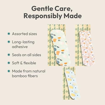 FEBU Shape Scapes Print Bamboo-Faser Pflaster | PFAS-freie flexible Stoffpflaster | Hypoallergene Naturpflaster für Schürfwunden, Schnitte & Erste Hilfe | Kompostierbar, Latexfrei | 50 Stück Streifen