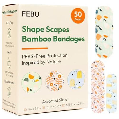 FEBU Shape Scapes Print Bamboo-Faser Pflaster | PFAS-freie flexible Stoffpflaster | Hypoallergene Naturpflaster für Schürfwunden, Schnitte & Erste Hilfe | Kompostierbar, Latexfrei | 50 Stück Streifen