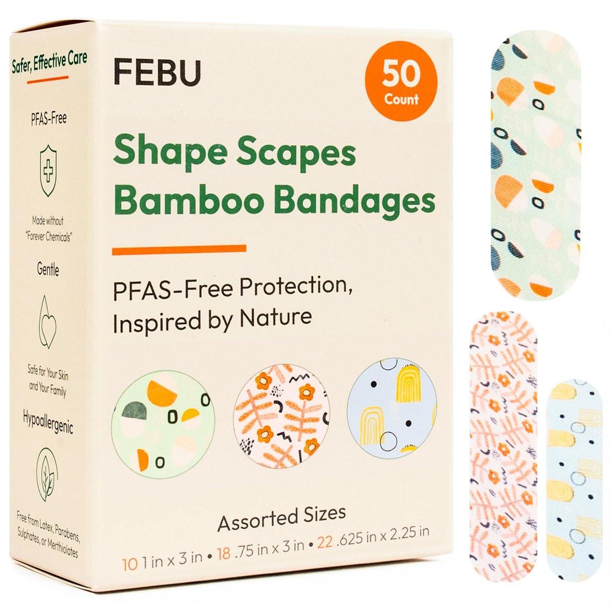 FEBU Shape Scapes Print Bamboo-Faser Pflaster | PFAS-freie flexible Stoffpflaster | Hypoallergene Naturpflaster für Schürfwunden, Schnitte & Erste Hilfe | Kompostierbar, Latexfrei | 50 Stück Streifen