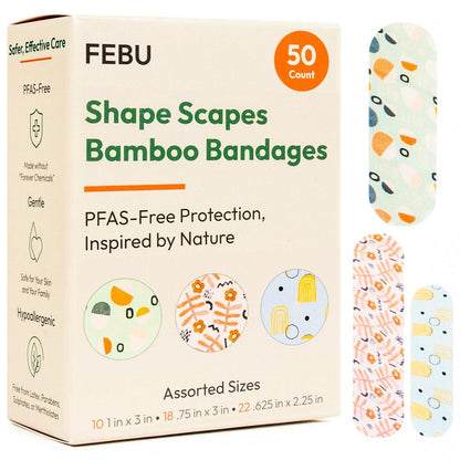 FEBU Shape Scapes Print Bamboo-Faser Pflaster | PFAS-freie flexible Stoffpflaster | Hypoallergene Naturpflaster für Schürfwunden, Schnitte & Erste Hilfe | Kompostierbar, Latexfrei | 50 Stück Streifen