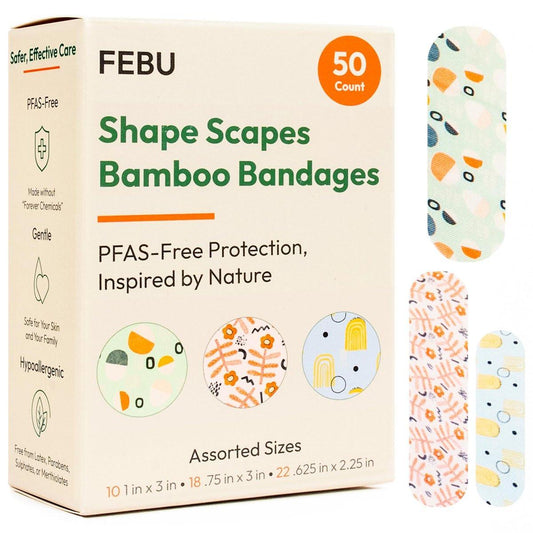 FEBU Shape Scapes Print Bamboo-Faser Pflaster | PFAS-freie flexible Stoffpflaster | Hypoallergene Naturpflaster für Schürfwunden, Schnitte & Erste Hilfe | Kompostierbar, Latexfrei | 50 Stück Streifen