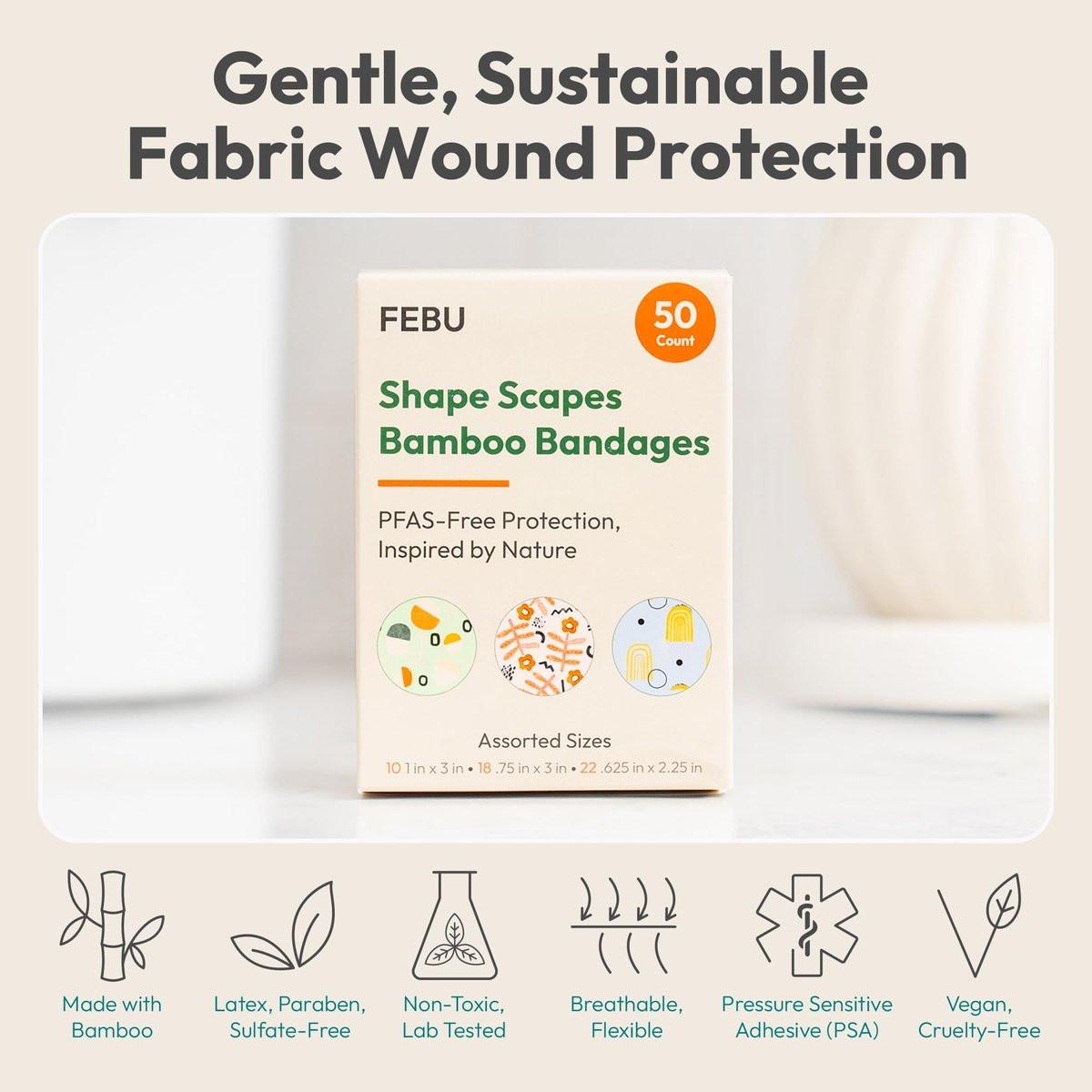 FEBU Shape Scapes Print Bamboo-Faser Pflaster | PFAS-freie flexible Stoffpflaster | Hypoallergene Naturpflaster für Schürfwunden, Schnitte & Erste Hilfe | Kompostierbar, Latexfrei | 50 Stück Streifen