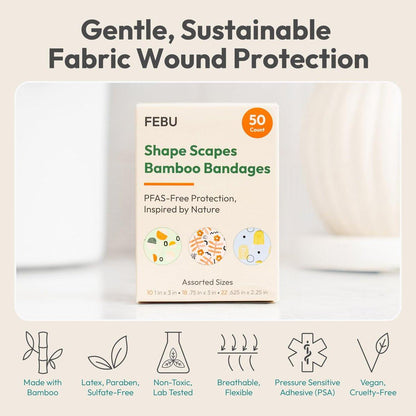 FEBU Shape Scapes Print Bamboo-Faser Pflaster | PFAS-freie flexible Stoffpflaster | Hypoallergene Naturpflaster für Schürfwunden, Schnitte & Erste Hilfe | Kompostierbar, Latexfrei | 50 Stück Streifen