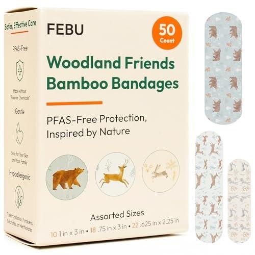 FEBU Woodland Print Bamboo-Pflaster | PFAS-freie flexible Stoffpflaster | Hypoallergene Naturpflaster für Schürfwunden, Schnitte & Erste Hilfe | Kompostierbar, latexfrei | 50 Streifen