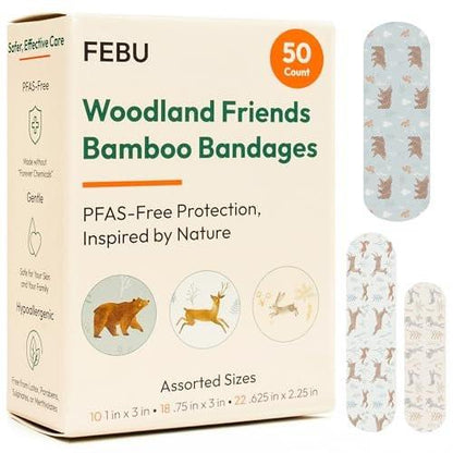 FEBU Woodland Print Bamboo-Pflaster | PFAS-freie flexible Stoffpflaster | Hypoallergene Naturpflaster für Schürfwunden, Schnitte & Erste Hilfe | Kompostierbar, latexfrei | 50 Streifen