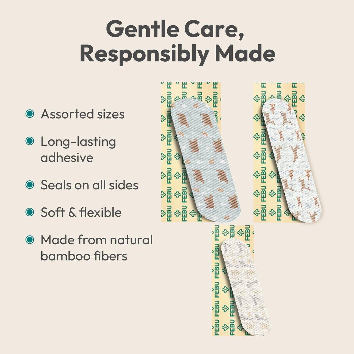 FEBU Woodland Print Bamboo-Pflaster | PFAS-freie flexible Stoffpflaster | Hypoallergene Naturpflaster für Schürfwunden, Schnitte & Erste Hilfe | Kompostierbar, latexfrei | 50 Streifen