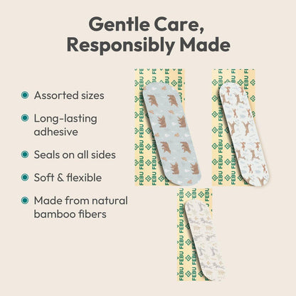 FEBU Woodland Print Bamboo-Pflaster | PFAS-freie flexible Stoffpflaster | Hypoallergene Naturpflaster für Schürfwunden, Schnitte & Erste Hilfe | Kompostierbar, latexfrei | 50 Streifen