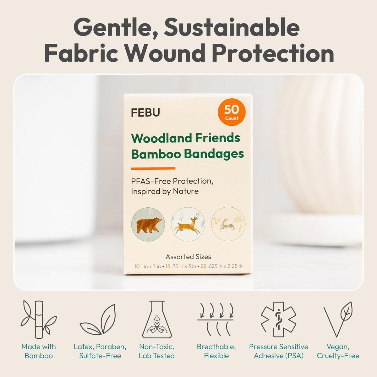 FEBU Woodland Print Bamboo-Pflaster | PFAS-freie flexible Stoffpflaster | Hypoallergene Naturpflaster für Schürfwunden, Schnitte & Erste Hilfe | Kompostierbar, latexfrei | 50 Streifen