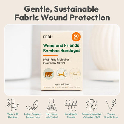 FEBU Woodland Print Bamboo-Pflaster | PFAS-freie flexible Stoffpflaster | Hypoallergene Naturpflaster für Schürfwunden, Schnitte & Erste Hilfe | Kompostierbar, latexfrei | 50 Streifen