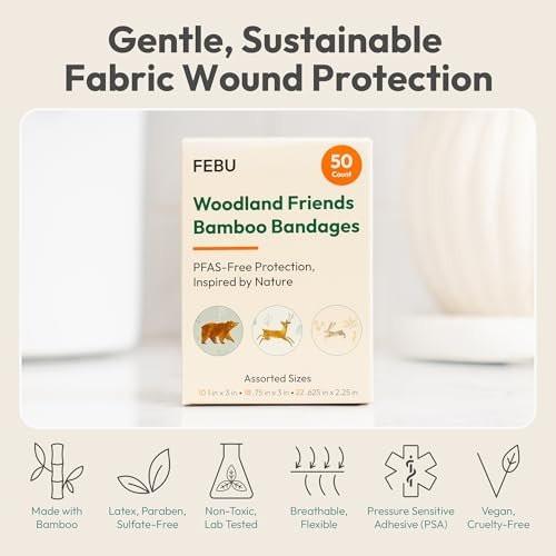 FEBU Woodland Print Bamboo-Pflaster | PFAS-freie flexible Stoffpflaster | Hypoallergene Naturpflaster für Schürfwunden, Schnitte & Erste Hilfe | Kompostierbar, latexfrei | 50 Streifen
