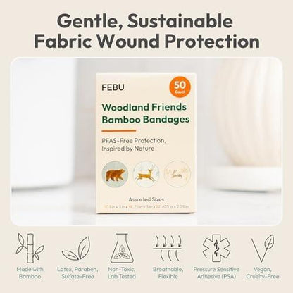 FEBU Woodland Print Bamboo-Pflaster | PFAS-freie flexible Stoffpflaster | Hypoallergene Naturpflaster für Schürfwunden, Schnitte & Erste Hilfe | Kompostierbar, latexfrei | 50 Streifen