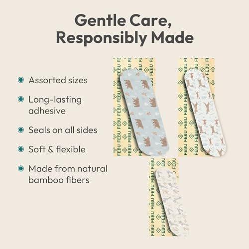 FEBU Woodland Print Bamboo-Pflaster | PFAS-freie flexible Stoffpflaster | Hypoallergene Naturpflaster für Schürfwunden, Schnitte & Erste Hilfe | Kompostierbar, latexfrei | 50 Streifen