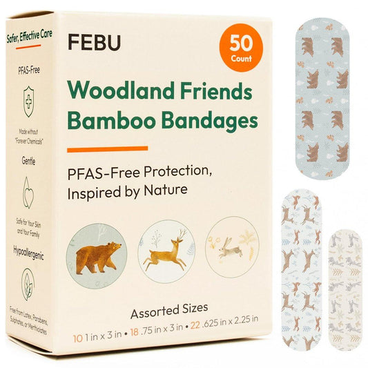 FEBU Woodland Print Bamboo-Pflaster | PFAS-freie flexible Stoffpflaster | Hypoallergene Naturpflaster für Schürfwunden, Schnitte & Erste Hilfe | Kompostierbar, latexfrei | 50 Streifen