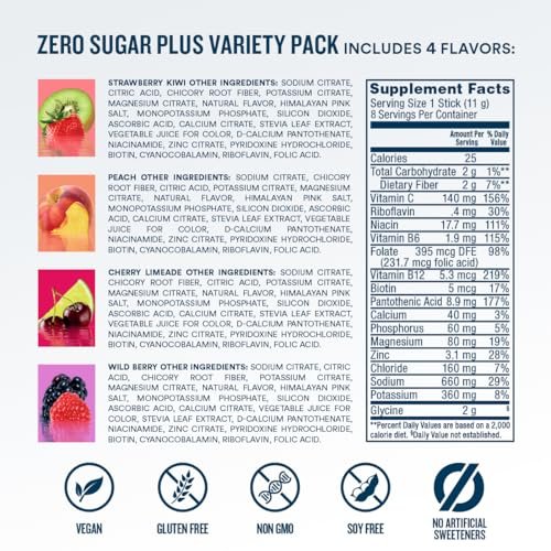 DripDrop Zero Sugar Plus – Zuckerfreie Elektrolyt-Päckchen, 16 Sticks, Sorten: Himbeer-Limonade, Wassermelone, Mandarine, Tropical Punch – Vegan, Nicht-GVO