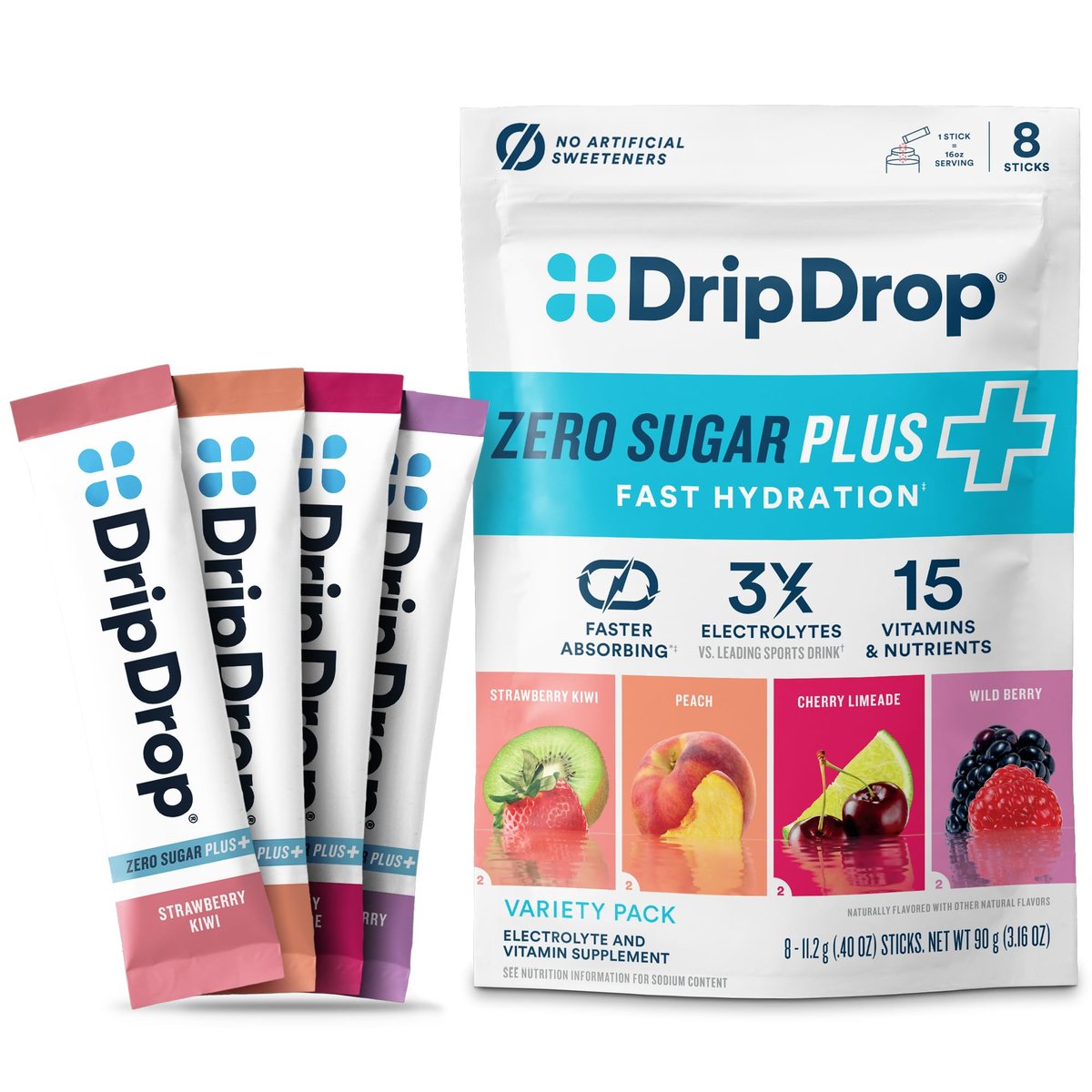DripDrop Zero Sugar Plus - Zuckerfreie Hydrationspackungen - Elektrolyt-Pulvergetränk - Erdbeer-Kiwi, Pfirsich, Kirsch-Limetten, Wilde Beeren - 8 Sticks