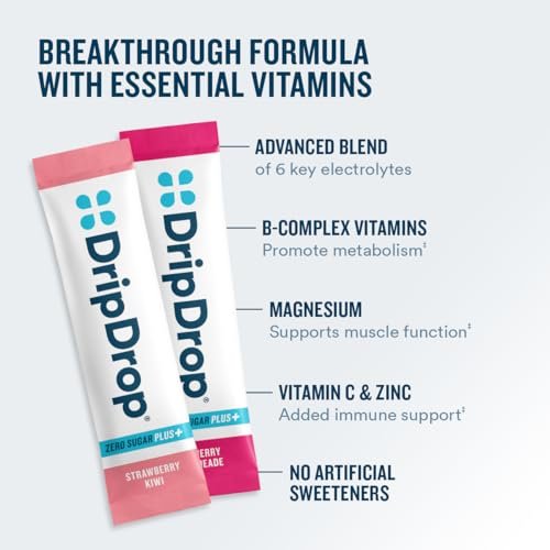 DripDrop Zero Sugar Plus - Zuckerfreie Hydrationspackungen - Elektrolyt-Pulvergetränk - Erdbeer-Kiwi, Pfirsich, Kirsch-Limetten, Wilde Beeren - 8 Sticks