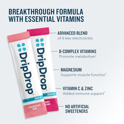 DripDrop Zero Sugar Plus - Zuckerfreie Hydrationspackungen - Elektrolyt-Pulvergetränk - Erdbeer-Kiwi, Pfirsich, Kirsch-Limetten, Wilde Beeren - 8 Sticks
