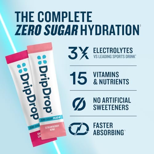 DripDrop Zero Sugar Plus - Zuckerfreie Hydrationspackungen - Elektrolyt-Pulvergetränk - Erdbeer-Kiwi, Pfirsich, Kirsch-Limetten, Wilde Beeren - 8 Sticks