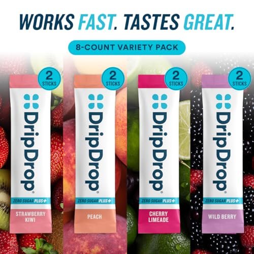 DripDrop Zero Sugar Plus - Zuckerfreie Hydrationspackungen - Elektrolyt-Pulvergetränk - Erdbeer-Kiwi, Pfirsich, Kirsch-Limetten, Wilde Beeren - 8 Sticks