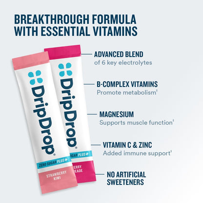 DripDrop Zero Sugar Plus - Zuckerfreie Hydrationspackungen - Elektrolyt-Pulvergetränk - Erdbeer-Kiwi, Pfirsich, Kirsch-Limetten, Wilde Beeren - 8 Sticks