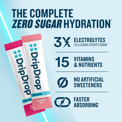 DripDrop Zero Sugar Plus - Zuckerfreie Hydrationspackungen - Elektrolyt-Pulvergetränk - Erdbeer-Kiwi, Pfirsich, Kirsch-Limetten, Wilde Beeren - 8 Sticks