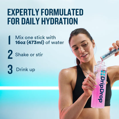 DripDrop Zero Sugar Plus - Zuckerfreie Hydrationspackungen - Elektrolyt-Pulvergetränk - Erdbeer-Kiwi, Pfirsich, Kirsch-Limetten, Wilde Beeren - 8 Sticks