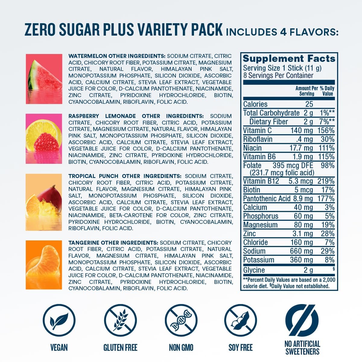 DripDrop Zero Sugar Plus – Zuckerfreie Hydrationspackungen mit Elektrolyten – 8 Sticks (Himbeer-Limonade, Wassermelone, Mandarine, Tropenpunch) – Nicht-GMO, Vegan