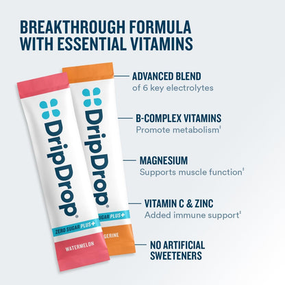 DripDrop Zero Sugar Plus – Zuckerfreie Hydrationspackungen mit Elektrolyten – 8 Sticks (Himbeer-Limonade, Wassermelone, Mandarine, Tropenpunch) – Nicht-GMO, Vegan