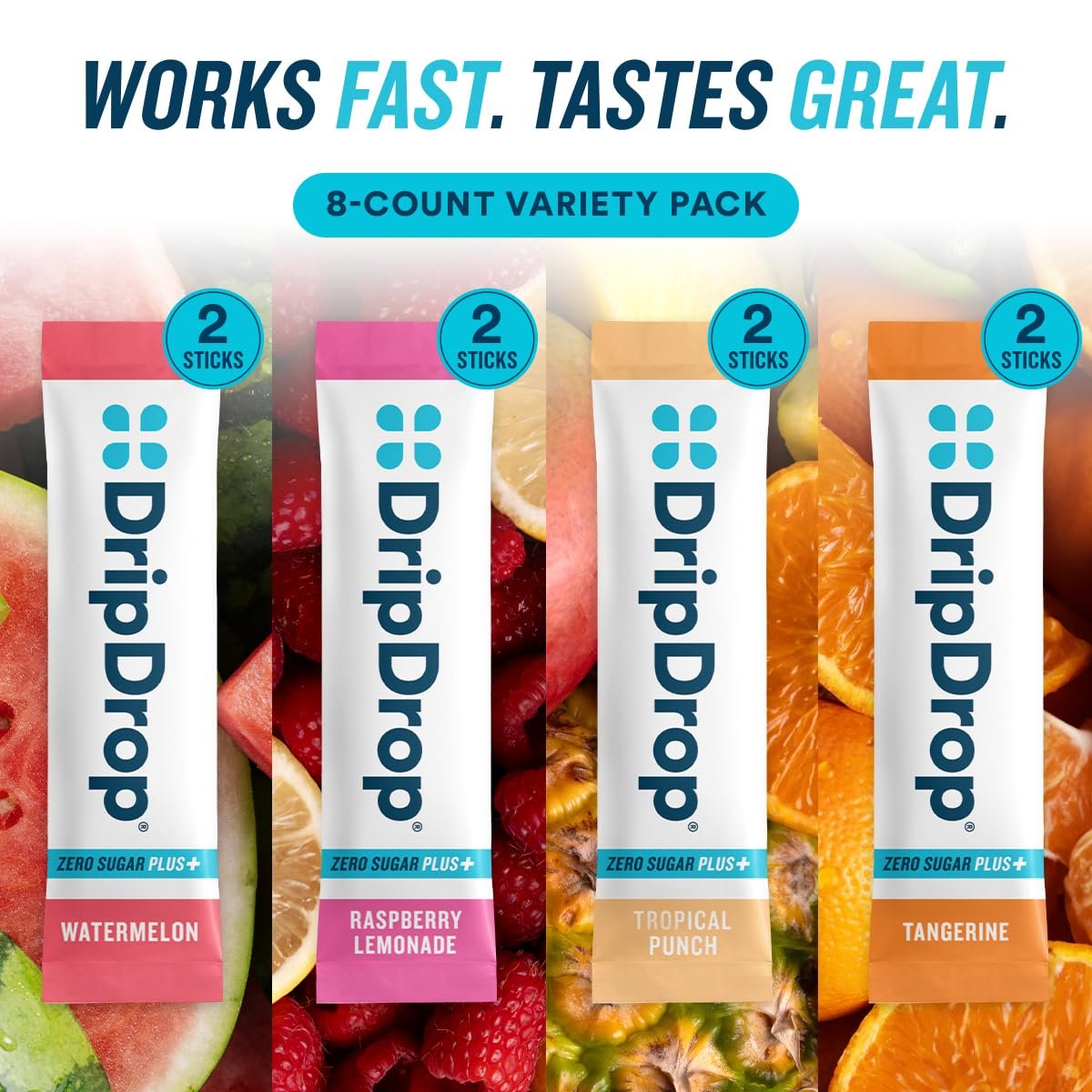 DripDrop Zero Sugar Plus – Zuckerfreie Hydrationspackungen mit Elektrolyten – 8 Sticks (Himbeer-Limonade, Wassermelone, Mandarine, Tropenpunch) – Nicht-GMO, Vegan