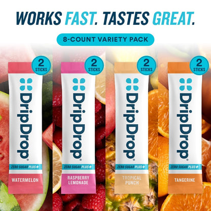 DripDrop Zero Sugar Plus – Zuckerfreie Hydrationspackungen mit Elektrolyten – 8 Sticks (Himbeer-Limonade, Wassermelone, Mandarine, Tropenpunch) – Nicht-GMO, Vegan