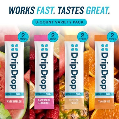 DripDrop Zero Sugar Plus – Zuckerfreie Hydrationspackungen mit Elektrolyten – 8 Sticks (Himbeer-Limonade, Wassermelone, Mandarine, Tropenpunch) – Nicht-GMO, Vegan