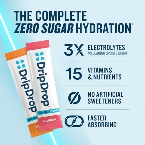 DripDrop Zero Sugar Plus – Zuckerfreie Hydrationspackungen mit Elektrolyten – 8 Sticks (Himbeer-Limonade, Wassermelone, Mandarine, Tropenpunch) – Nicht-GMO, Vegan